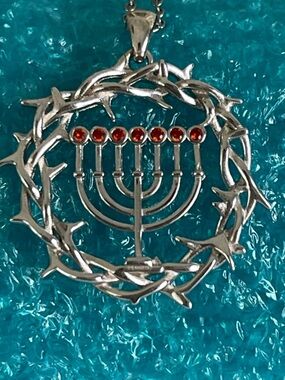 Sterling Silver .925 Menorah Pendant Necklace with Real Rubies Accents Jewelry